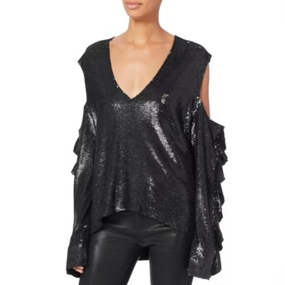 EUC IRO black & silver double faced sequin cold shoulder ruffle sleeve top - Picture 4 of 16